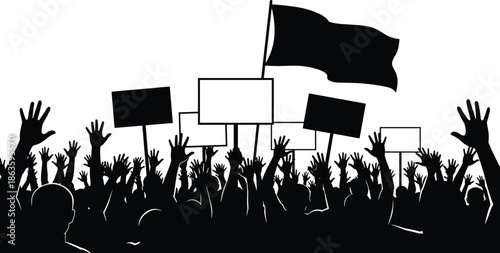 Crowd of people silhouettes at a protest holding blank signs and flags, community demonstration for human rights, activism, and revolution.