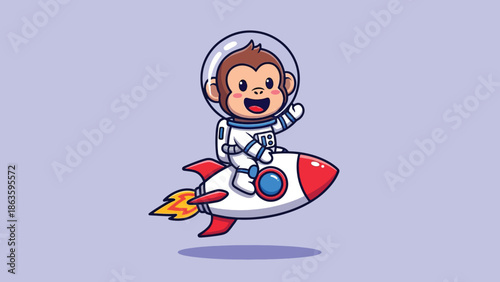 Happy cartoon monkey astronaut in space suit riding a red and white rocket.