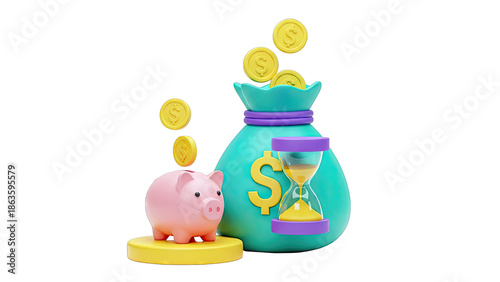 3D Piggy Bank, Money Bag, Coins, and Hourglass