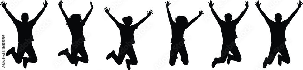 Obraz premium Happy people silhouettes jumping in the air expressing joy, success, and freedom, diverse group of friends celebrating together on white background.