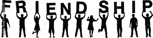 Group of people silhouettes holding letters forming the word friendship together, community and unity concept isolated on a white background.