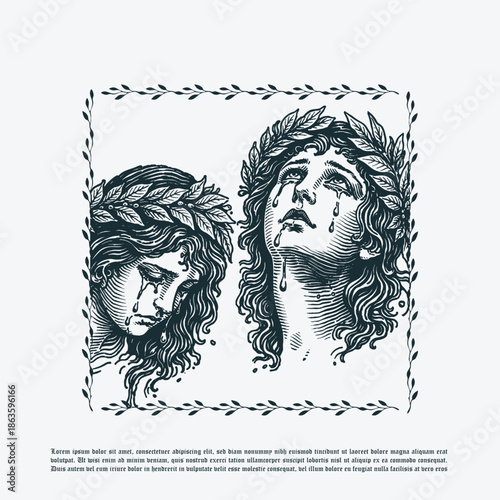 Vintage Retro Crying Women with Leaf Crowns