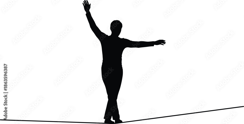 Ταπετσαρία Silhouette of a man walking on a tightrope balancing with arms out, concept of risk, focus, challenge, and business success