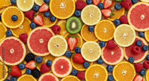 Colorful Assortment of Fresh Citrus Fruit and Berries