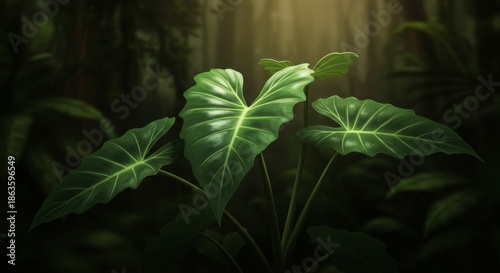 Lush Green Tropical Plant in Dark Forest Setting