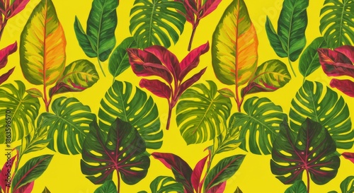 Vibrant Tropical Leaf Pattern on Yellow Background