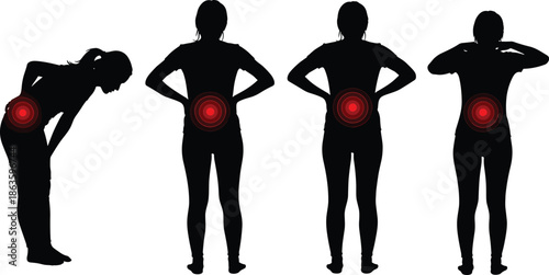 Woman silhouettes showing back pain and spinal ache with red target spots, medical concept for physical therapy, healthcare, and massage.