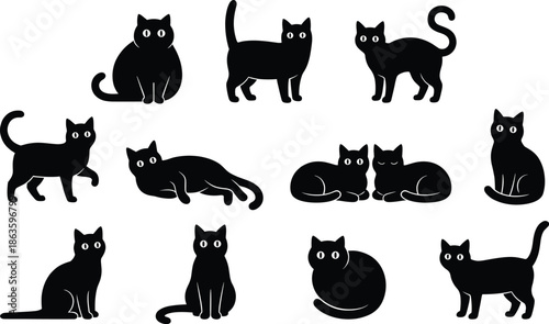 Collection of black cat silhouettes in various poses including sitting, walking, and lying down, isolated icons for halloween and pet designs.