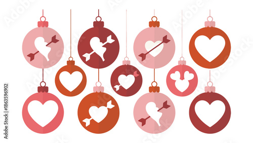 Love ornaments: Festive love ornaments suspended in the air, each one unique with diverse textures, perfect for celebrations of love and togetherness. 