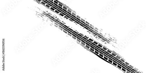 Tire track. Car, bike, motorcycle tyre mark with grunge effect isolated on white background. Wheel footprint on the road. Top view of rubber protector mark. vector