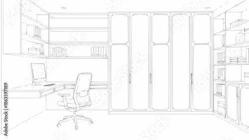 Modern Home Office Design Sketch with Desk and Chair.