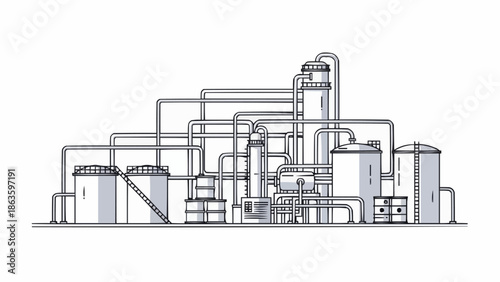 Industrial Factory Plant with Pipes and Tanks Illustration.