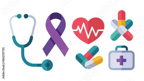 Healthcare Essentials: A visual representation of health and wellness, featuring a stethoscope, awareness ribbon, heart, pills, and a medical kit, embodying care and well-being.