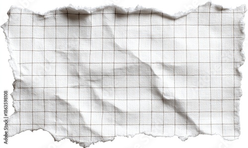 Torn, crumpled piece of white paper with brown grid pattern and frayed edges