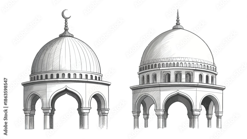Obraz premium Architectural Harmony: A black and white architectural design showcasing two ornate domes, representing timeless elegance and cultural richness.