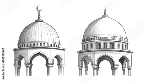 Architectural Harmony: A black and white architectural design showcasing two ornate domes, representing timeless elegance and cultural richness. 