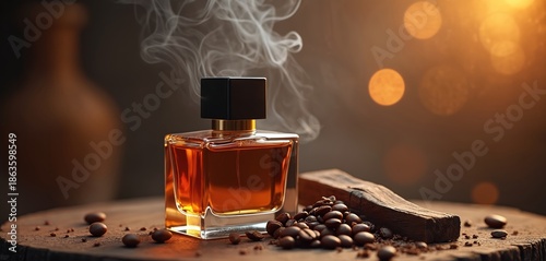 Dark oud wood perfume bottle with smoke curls and coffee beans. Luxury aroma product for men and women. Amber liquid scent. Rich fragrance concept.