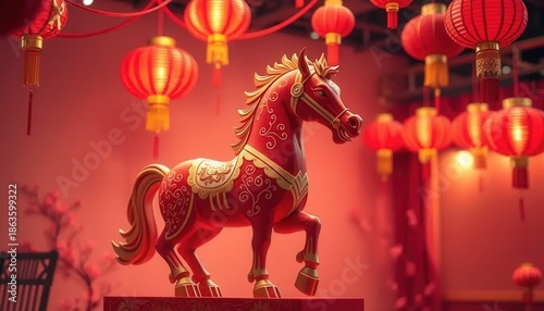 Luxury Golden Horse Statue with Fire Mane on Jade Base