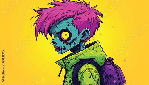 Zombie Teen with Pink Hair and Backpack in Cartoon Style.