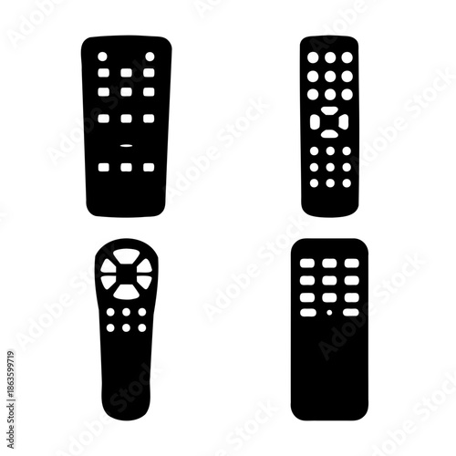 Set of four diverse remote control black silhouette icons collection Vector