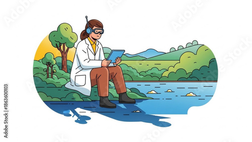 A woman in a white lab coat sits on a riverbank with a tablet in a serene natural landscape with trees and mountains with nature and technology