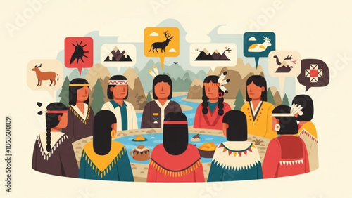 A group of diverse people in traditional clothing gathered around a table with food and icons representing nature and wildlife in a scenic outdoor setting with mountains