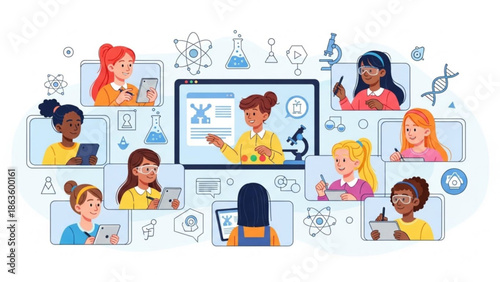 Diverse group of schoolgirls learning science online with laptops and microscope in virtual classroom setting with educational icons with online learning