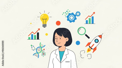 Female scientist with creative ideas and innovation concepts, surrounded by light bulb, gears, graphs, dna, magnifying glass, and rocket ship, representing research