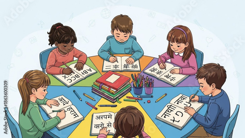 Diverse children sitting at a table learning foreign languages with books and colored pencils, multicultural classroom setting with focused students writing in workbooks