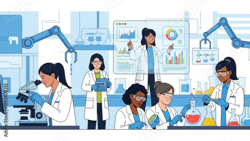 Diverse group of scientists working together in a modern laboratory with robotic arms and various scientific equipment with research and experiment