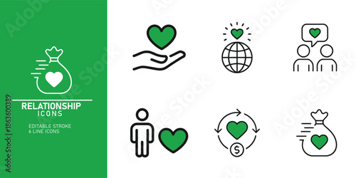 A collection of green and white relationship icons on a green and white background for use in digital and print media