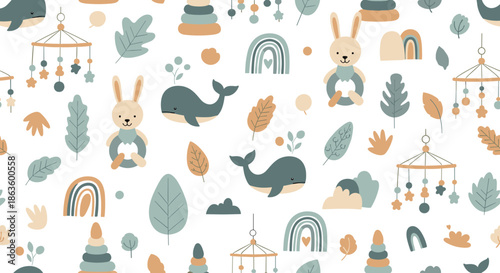 Seamless pattern with cute baby animals like whales and bunnies along with rainbows and leaves for nursery wallpaper or fabric design.