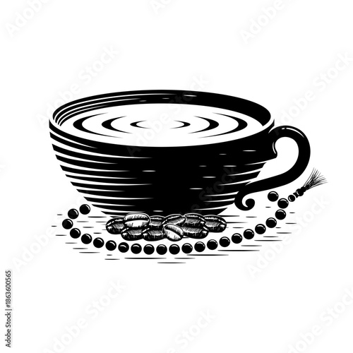 Arabic Coffee Cup Line Art Illustration with Prayer Beads