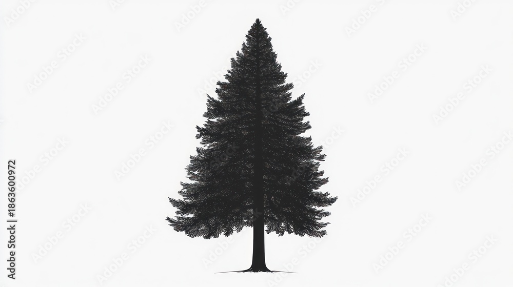 Fototapeta premium Silhouette of a dark evergreen tree against a plain white background