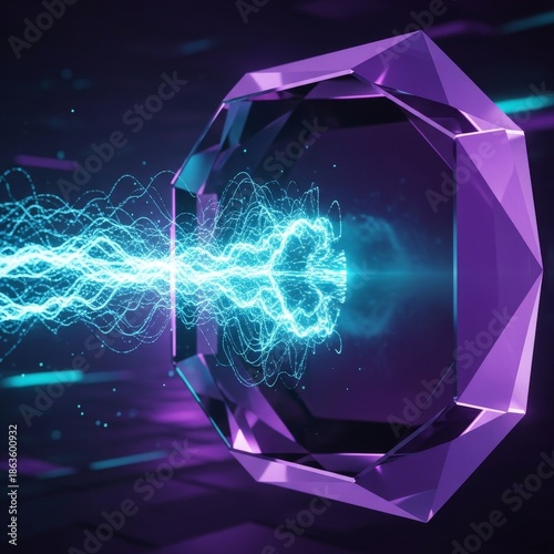 Futuristic purple crystal portal with bright blue energy beam flowing through, symbolizing data transfer, quantum computing, digital connection, and innovation.
