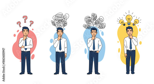 Four stages of a professional man thinking from initial questioning and confusion to finally achieving a brilliant creative idea or solution.