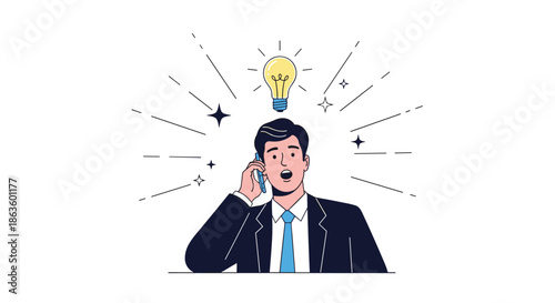Surprised businessman talking on his mobile phone with a glowing light bulb above his head representing a sudden clever idea or business insight.