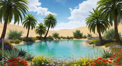 Lush oasis surrounded by sandy dunes features vibrant flora beneath a bright blue sky