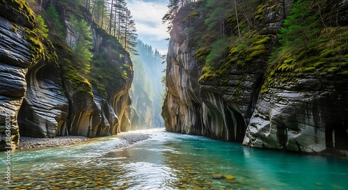 Deep gorge walls frame a vibrant turquoise river flowing through a rugged, forested valley