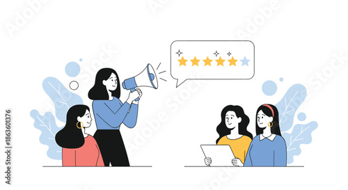 Team of women promoting a five-star rating through a megaphone to represent customer feedback, service excellence, and reputation management.
