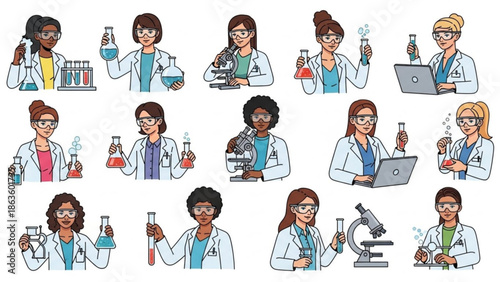 Diverse group of female scientists in lab coats working with various laboratory equipment and technology with science and research and diversity
