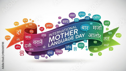 International mother language day colorful banner with speech bubbles in various languages on white background with multilingual and communication