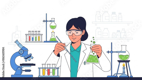 Female scientist in lab coat working with green chemicals in beakers and test tubes in a laboratory setting with microscope with research and experiment