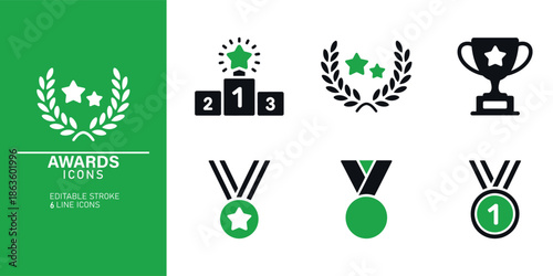 A collection of green and black award icons including medals trophies and laurel wreaths on a white and green background for recognition and achievement symbols