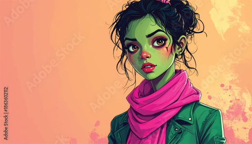 Green-skinned girl with a pink scarf and jacket in cartoon style.