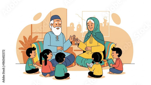 Elderly couple reading to children sitting on floor in living room with city view with family and together and happy and relaxed and indoor and illustration