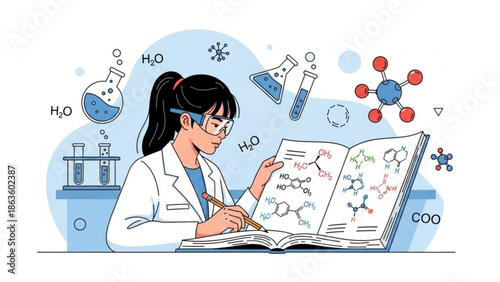 Female scientist studying chemistry book with molecular structures and laboratory equipment around her with science and education and research