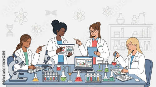 Four diverse female scientists working together in a laboratory with various equipment and colorful chemicals with research and science and technology