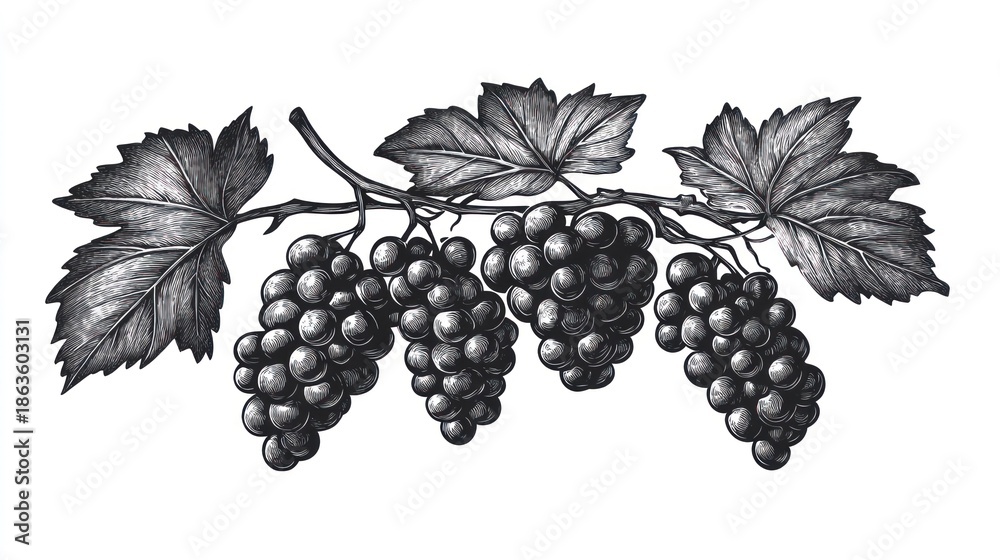 Obraz premium Detailed monochrome illustration of grapes and leaves