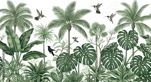 Beautiful hummingbird flying among tropical jungle leaves and exotic pink flowers vector illustration for summer nature background and floral greeting card design.